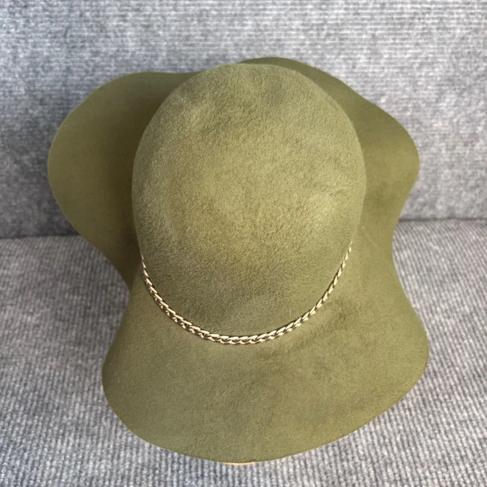 Olive Green Floppy Wide Brim Hat Gold Chain Boho Western Festival Felt